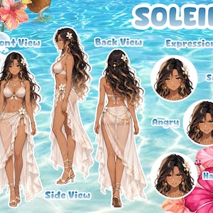 May include: A character reference sheet titled SOLEIL featuring a person with long wavy dark hair adorned with a white flower. The character wears a white bikini and a sheer sarong. Includes front, side, and back views plus three facial expressions.