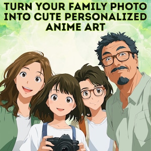 Niestandardowy portret rodzinny w stylu anime – zamień swoje zdjęcie rodzinne w uroczą spersonalizowaną sztukę anime — pobieranie cyfrowe