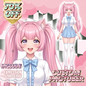 May include: Digital illustration of a pink-haired anime-style character with cat ears, wearing a white shirt, blue skirt, and knee-high socks. The image includes text that says "70% OFF", "INCLUDE - EXPRESSION - SOURCE FILE", and "CUSTOM PNGTUBER".
