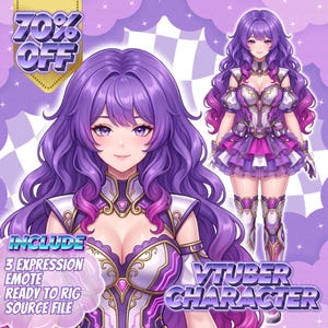 Könnte beinhalten: Digitale Illustration eines VTuber-Charakters mit langen, welligen lila Haaren und einem passenden Outfit. Der Charakter trägt ein weißes und lila Kleid mit goldenen Akzenten. Text enthält "70% OFF" und "VTUBER CHARACTER".