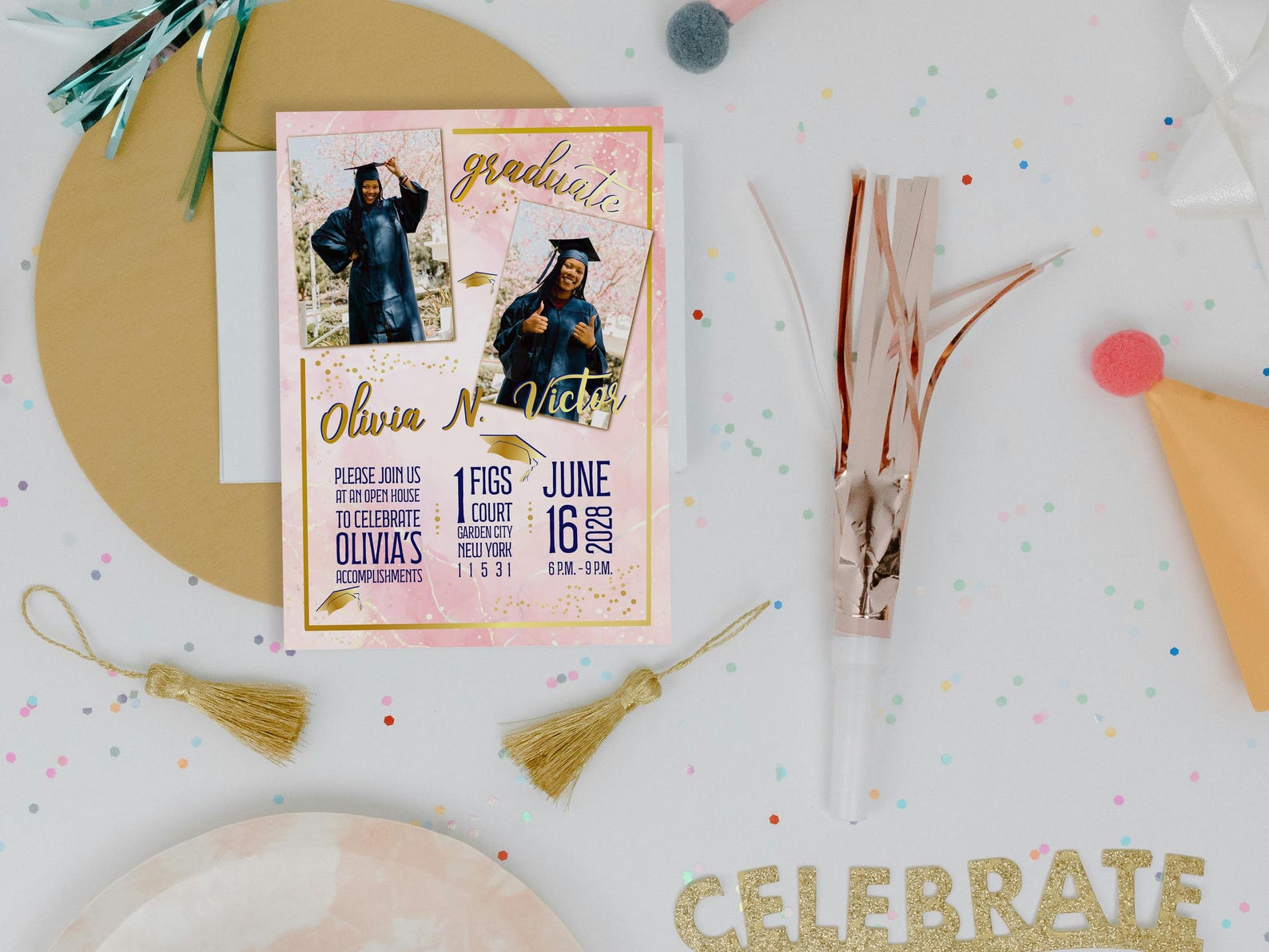 Pink and Gold Marble Grad Party Invites | High School Graduation Party ...