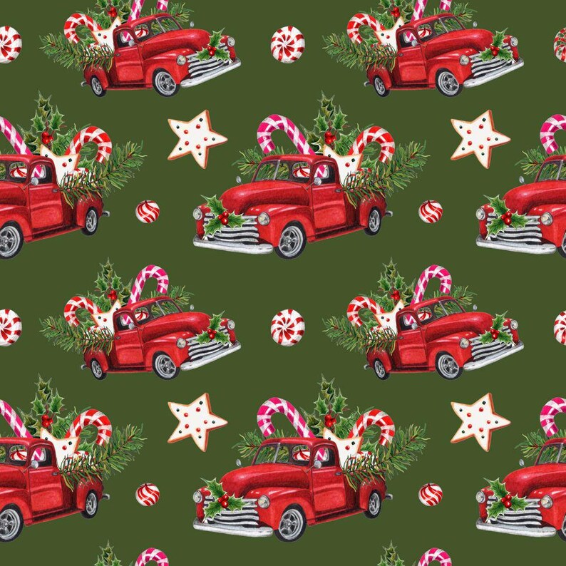 Green Christmas Red Truck Fabric by the Yard Red Truck Green Background