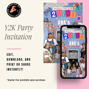 Y2K-feestuitnodiging | Bewerken en downloaden | Uitnodiging voor feest uit de jaren 2000 met throwback-thema | Aanpasbare en afdrukbare verjaardagsposter. Direct delen