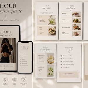 Może przedstawiać: Cyfrowy przewodnik wellness z tekstem "48 HOUR glow reset guide." Obraz zawiera tablet i smartfon wyświetlające zawartość przewodnika, a także karty informacyjne dotyczące planów posiłków i codziennych rutyn.