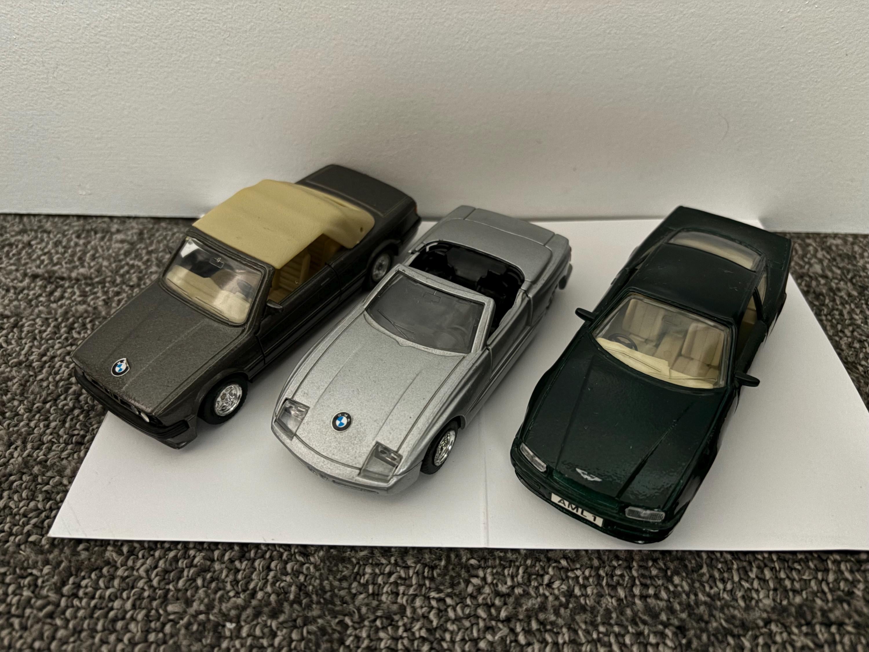 Vintage Diecast M.C. Toy Cars | Gray BMW 325i, Silver BMW Z1 & Dark Green Aston Martin Virage