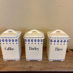 Vintage Rice, Barley and Coffee Canister Set with Blue Pattern