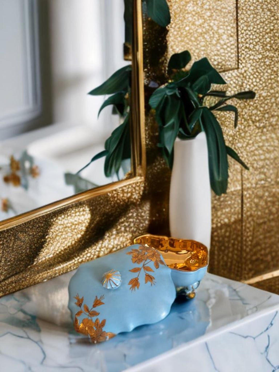 Stunning Blue Trinket Box With Handpainted Copper Flower Design and ...