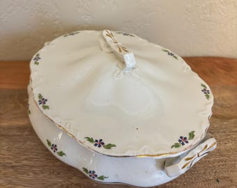 Vintage Tureen, Casserole, Serving Dish with Pretty Gold and Purple Flower Details