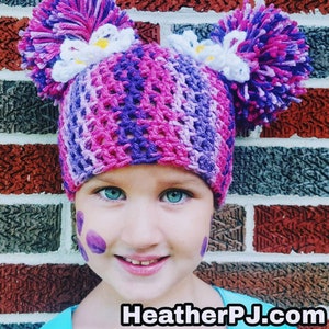 PATTERN All Sizes Pom Pom Hat with Daisy Accent Newborn, 3 Months 6 Months, 9 Months, 12 Months, 18 Months, Toddler, Youth, Adult