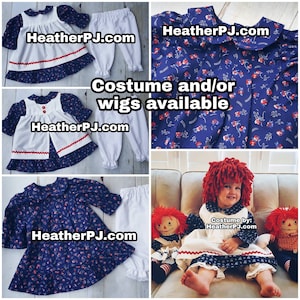 Any Size Rag Doll Dress, Apron, Pants, Leg Warmers or Striped Socks, and Fluffy Red Wig