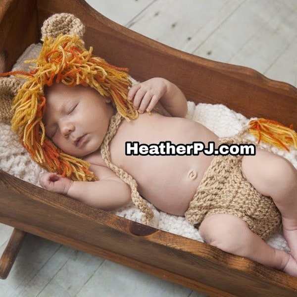 PATTERN Lion Bonnet Hat and Diaper Cover with Tail for Newborn. Instant Download Crochet Pattern