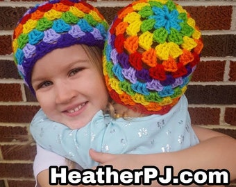 PATTERN Rainbow Granny Square Beanie for All Sizes. Instant Download Crochet Pattern for Baby, Toddler, Youth, Children, and Adult