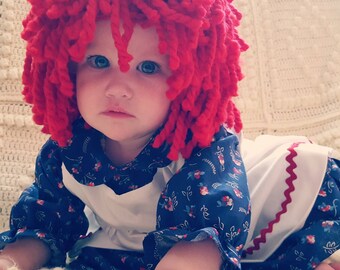 Any Size Rag Doll Dress, Apron, Pants, Leg Warmers or Striped Socks, and Fluffy Red Wig