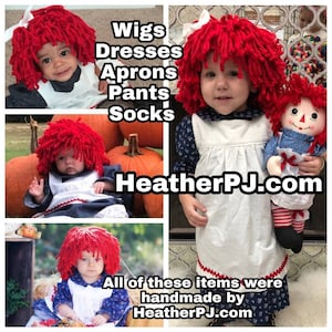 Any Size Rag Doll Dress, Apron, Pants, Leg Warmers or Striped Socks, and Fluffy Red Wig image 8