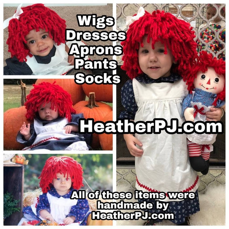 Any Size Rag Doll Dress, Apron, Pants, Leg Warmers or Striped Socks, and Fluffy Red Wig image 8