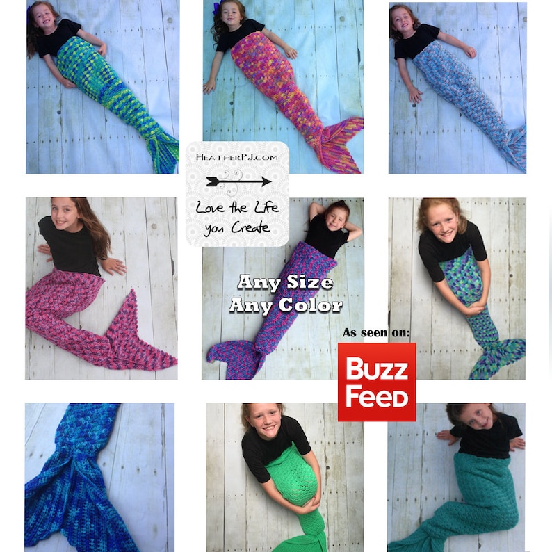 Puede incluir: Un collage de im&aacute;genes con ni&ntilde;os usando mantas de cola de sirena de crochet de colores. Las mantas est&aacute;n disponibles en varios colores y tama&ntilde;os. El texto en la imagen dice "Love the Life you Create" y "Any Size Any Color".