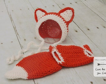 PATTERN Fox Bonnet and Diaper Cover with Tail for Newborn. Instant Download Crochet Pattern