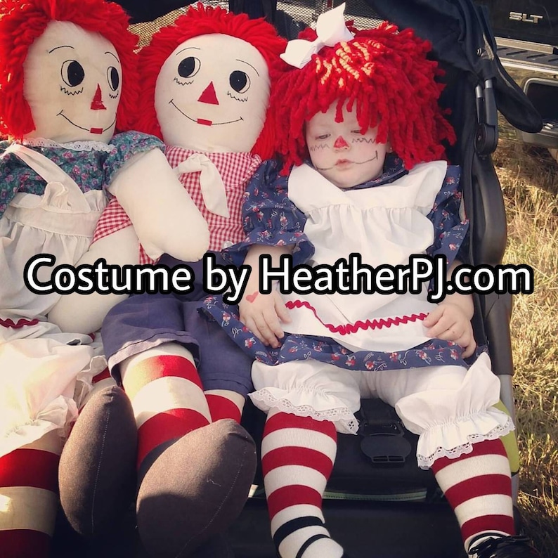 Any Size Rag Doll Dress, Apron, Pants, Leg Warmers or Striped Socks, and Fluffy Red Wig image 5