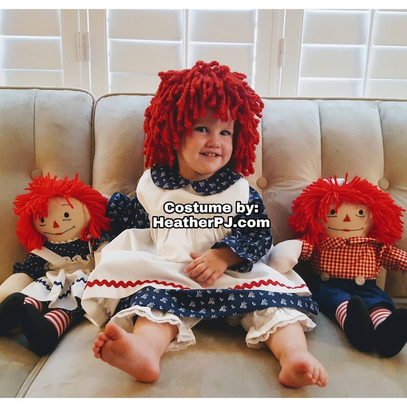 Any Size Rag Doll Dress, Apron, Pants, Leg Warmers or Striped Socks, and Fluffy Red Wig image 1