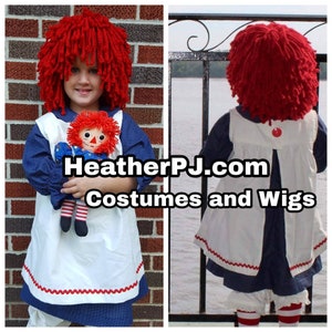 Any Size Rag Doll Dress, Apron, Pants, Leg Warmers or Striped Socks, and Fluffy Red Wig