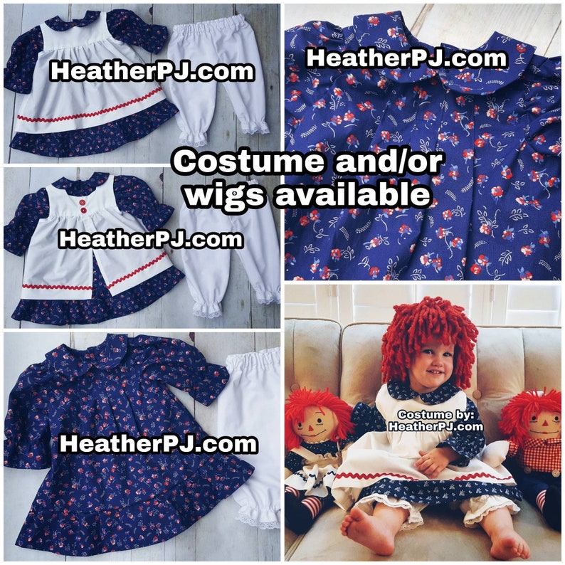 Any Size Rag Doll Dress, Apron, Pants, Leg Warmers or Striped Socks, and Fluffy Red Wig image 1
