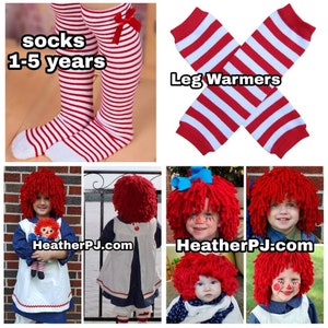 Any Size Rag Doll Dress, Apron, Pants, Leg Warmers or Striped Socks, and Fluffy Red Wig image 9