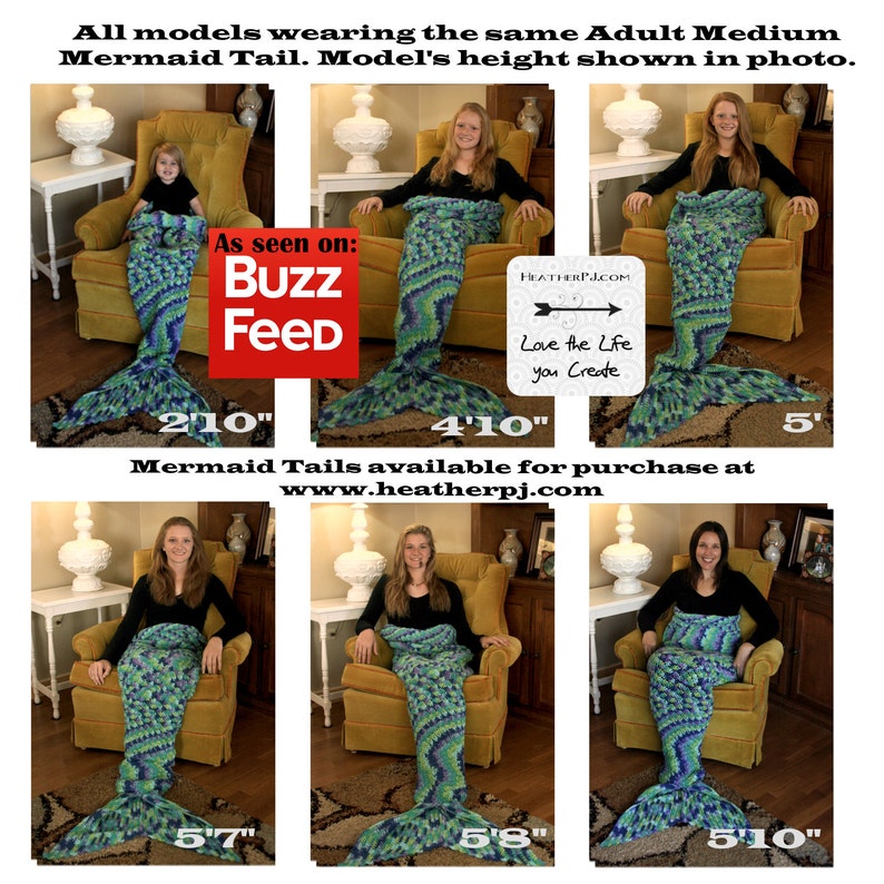 Puede incluir: Seis modelos llevando una manta de cola de sirena verde y azul. Los modelos est&aacute;n sentados en sillas amarillas. El texto "As seen on: Buzz Feed" est&aacute; en un cuadro rojo. El texto "HEATHERP.J.COM Love the Life you Create" est&aacute; en un cuadro blanco con una flecha negra. El texto "Mermaid Tails available for purchase at www.heatherpj.com" est&aacute; debajo de las im&aacute;genes. Las alturas de los modelos se enumeran debajo de cada imagen: 2'10", 4'10", 5', 5'7", 5'8", 5'10".