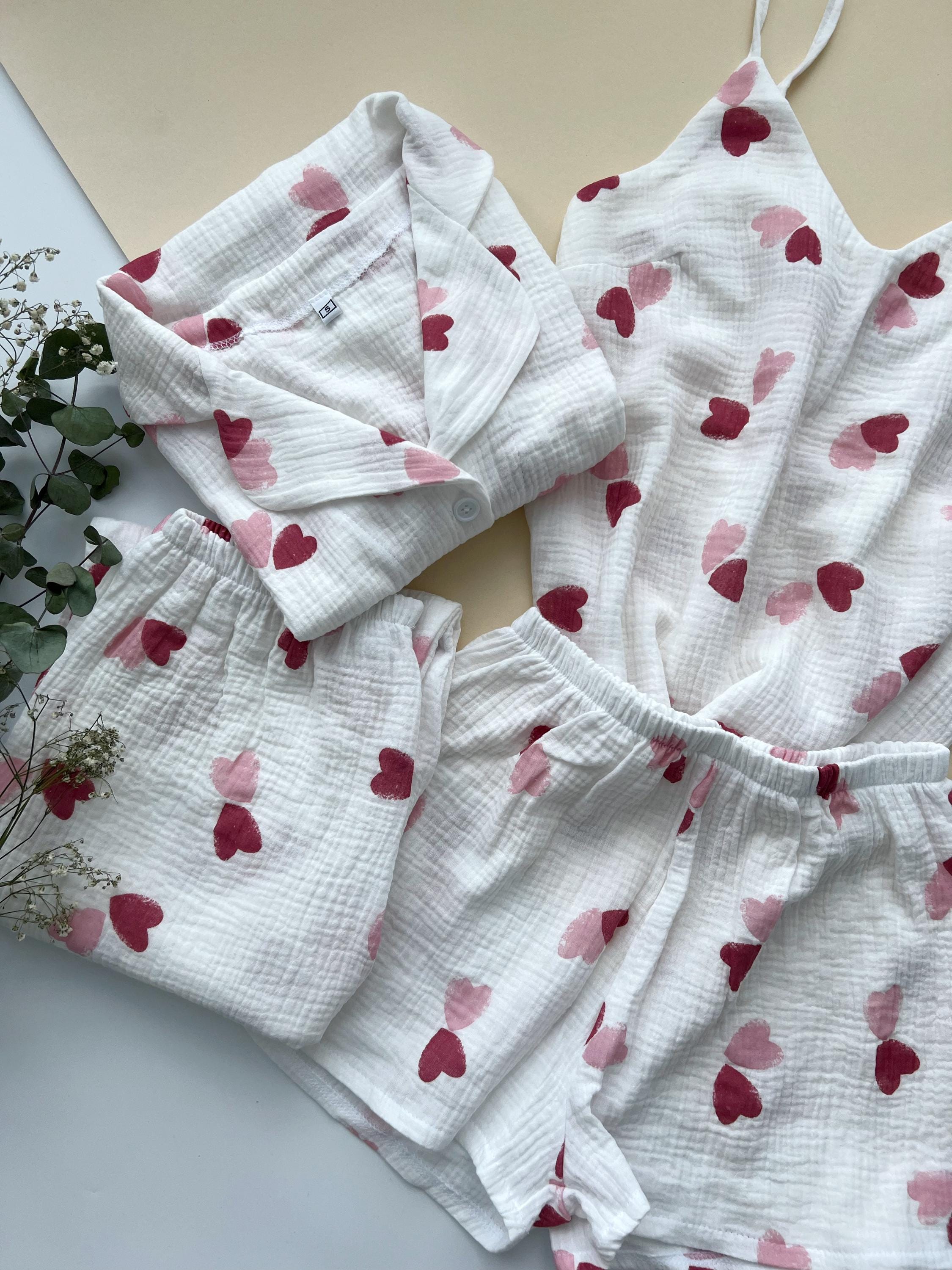 100% Cotton Pajamas Bachelorette Party Double Gauze Homewear   Pajamas Organic Cotton Set Crinkle Cotton Pajamas Pajamas with hearts