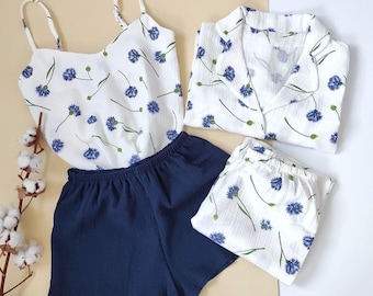 Handgjort muslinpyjamaset: Skjorta och shorts i ekologisk bomull