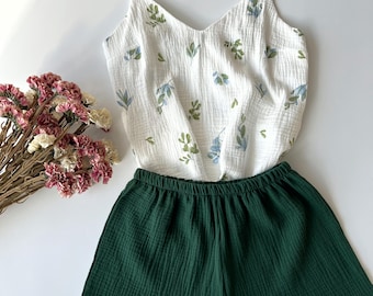 Women's Organic Cotton Muslin Pajama Set, Floral Tank Top & Shorts, Lightweight Sleepwear