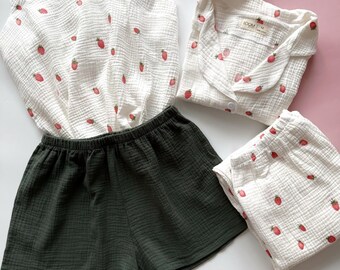Women's Organic Cotton Shirt & Shorts, Summer Muslin Pajama Set