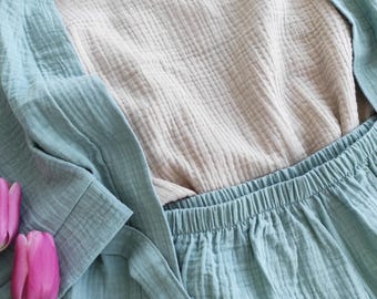 Muslin Pajama Set: Women's Organic Cotton Shirt & Shorts Floral Print