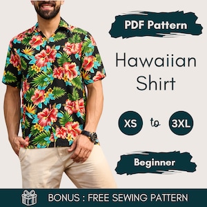 Naaipatroon Hawaiiaans shirt | PDF-naaipatroon voor heren | Herenshirt voor beginners | Eenvoudig naaipatroon strandkleding voor heren | Hawaiiaans herenshirt