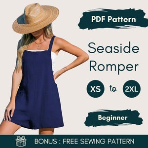レディース ノースリーブ ロンパース パターン | PDF プレイスーツ ソーイング パターン XS-XXL | ポケット付きの簡単な夏服 | ビーチウェア & 普段着