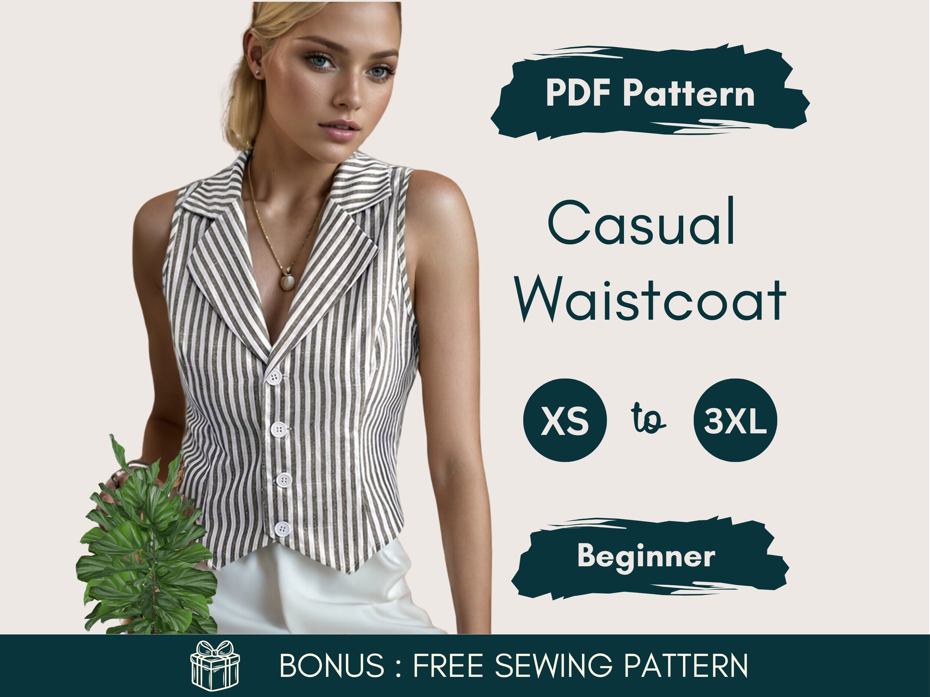 Women Casual Waistcoat Sewing Pattern | Women’s Button-Up Vest | DIY Tailored Sleeveless Vest | Easy Sewing Pattern | Layered Vest Pattern