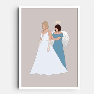 Ritratto personalizzato di un genitore angelo, di una mamma angelo, di un papà angelo, di un familiare in lutto, ritratto commemorativo di un matrimonio con un genitore lutto, la sposa, lo sposo, l'aureola e le ali.