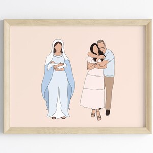 Ritratto personalizzato di un angelo bambino, ricordo di un aborto spontaneo, disegno di una perdita di un bambino senza volto, Vergine Maria che tiene in braccio un bambino, download digitale