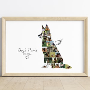 Puede incluir: Impresión enmarcada con una silueta de perro compuesta por varias fotos. La forma del perro tiene un gráfico de ala. El texto "Dog's Name" y la fecha 23.11.2024 están debajo, junto con un símbolo de corazón.