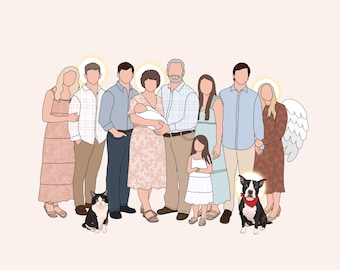 Custom Family Portrait with Loss Family Members, Memorial Illustration with Halo, Wings, Jesus, Personalized Tribute, Lost Loved One,DIGITAL
