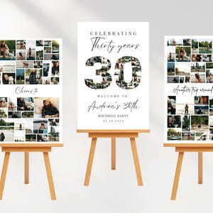 Può includere: Tre cartelli bianchi su cavalletti di legno. Il cartello centrale recita "Celebrating Thirty years" con un collage fotografico che forma il numero "30". Gli altri cartelli hanno collage di foto e le frasi "Cheers to" e "Another trip around the sun".