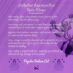 May include: Purple background with text: "Detailed Explanation Twin Flame." The text describes a deep intuitive session focused on love, relationships, and twin flame energy. Includes "Psychic Fortune Cat" logo.