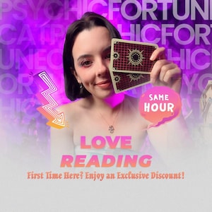 May include: A woman holding two tarot cards with a burgundy and gold design. The image has text that says "LOVE READING" and "SAME HOUR". The background is purple with the words "PSYCHIC FORTUNE".