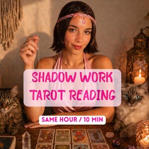 May include: A tarot reading service featuring the text SHADOW WORK TAROT READING and SAME HOUR / 10 MIN. The display includes eight tarot cards arranged in two rows, a clear crystal point, a small pink stone, and a purple crystal cluster.