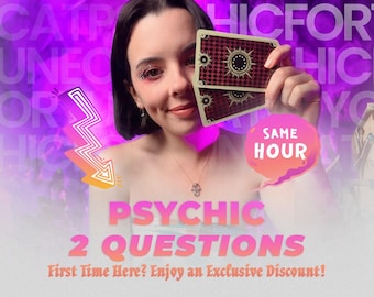May include: A woman holding two tarot cards with a burgundy and gold design. The image has text that says "PSYCHIC 2 QUESTIONS" and "SAME HOUR". The background is purple with the words "PSYCHIC" and "FORTUNE".