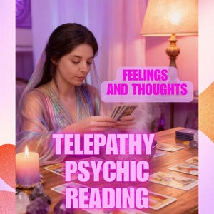 Può includere: Una persona con un abito colorato tiene in mano carte dei tarocchi su un tavolo di legno. L'immagine ha il testo "Feelings and Thoughts" e "Telepathy Psychic Reading". Una candela accesa e cristalli sono sul tavolo.