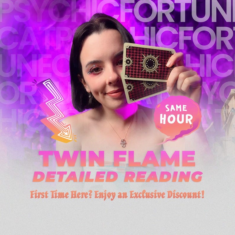 May include: A woman holding two tarot cards with a burgundy and gold design. The image has a purple background with the words "PSYCHIC FORTUNE" and "TWIN FLAME DETAILED READING" in pink and orange text. A pink speech bubble says "SAME HOUR".