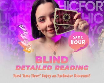 May include: A woman holding two tarot cards with a red and gold design. The image has text that says "BLIND DETAILED READING" and "SAME HOUR". The background is purple with the words "PSYCHIC FORTUNE" repeated.