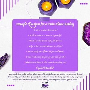 May include: A purple card with the text "Example Questions for a Twin Flame Reading" and questions about relationships. The card is decorated with candles, crystals, and lavender. The text "Psychic Fortune Cat" is also present.