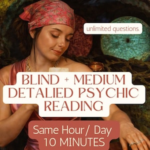以下が含まれることがあります： ピンクのスカーフとドレスを着た女性。テキストは「BLIND + MEDIUM DETAILED PSYCHIC READING」と「Same Hour/ Day 10 MINUTES」と書かれています。画像には「unlimited questions」というテキストも含まれています。