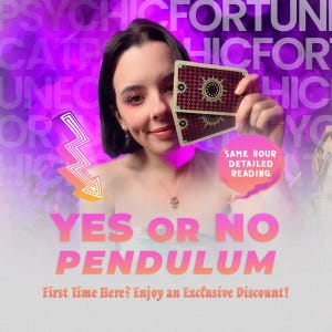 Puede incluir: Imagen de una persona sosteniendo dos cartas de tarot con un diseño burdeos y dorado. El texto incluye "YES OR NO PENDULUM" y "SAME HOUR DETAILED READING". El fondo es un degradado de morado y blanco.